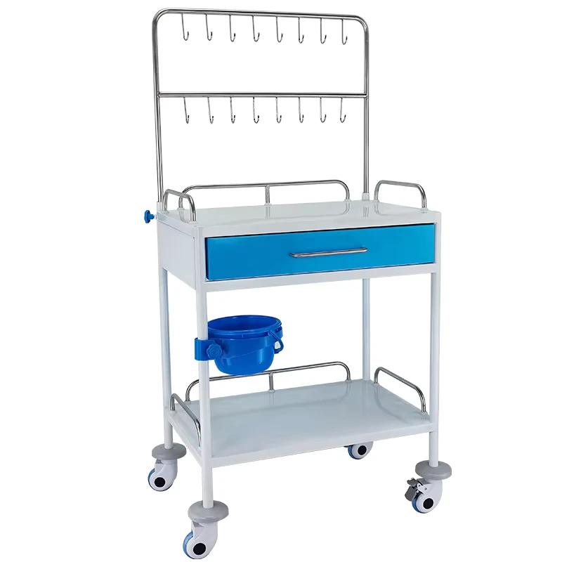 Medical IV Infusion Trolley with 16 Hooks Drawer Bucket Hospital Emergency Cart with Silent Wheels for Clinic
