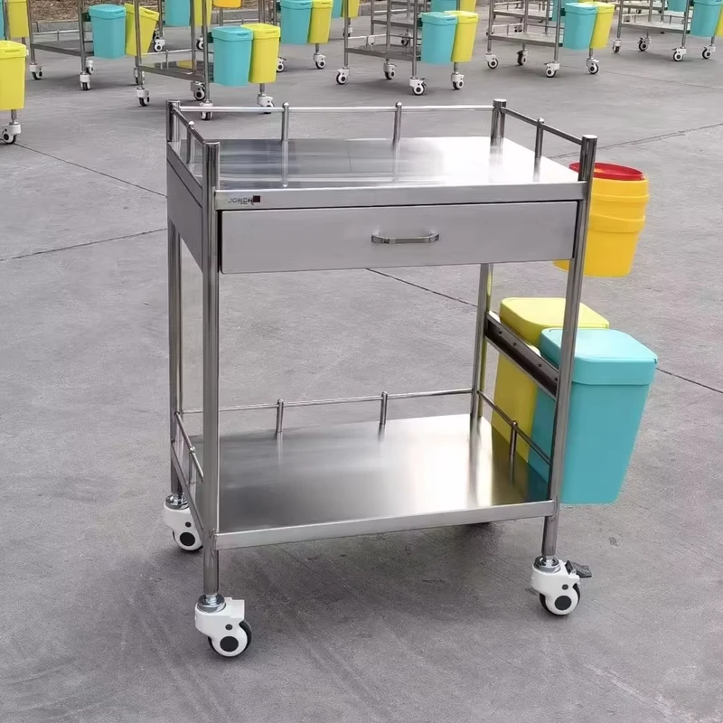Medical Stainless Steel Cart Hospital Nursing Treatment Trolley with Two Drawers Clinic