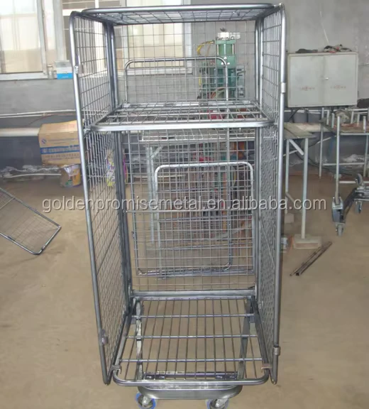 Medium Duty Mild Steel Wire Mesh Roll Container Electro Galvanized Surface Treatment 600kg Capacity 2m Trolley for Warehouse