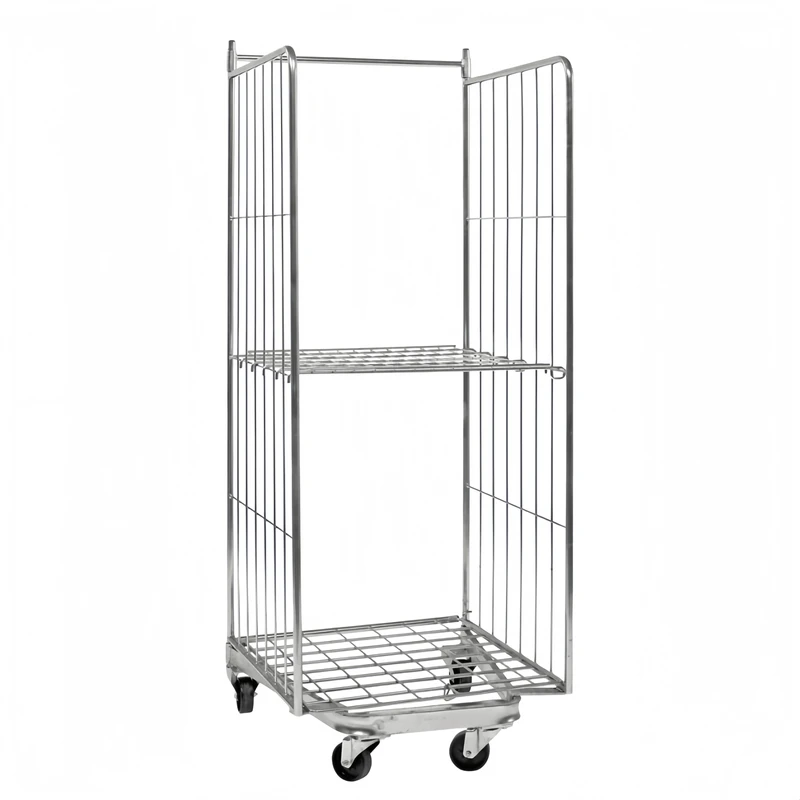 Medium Duty Steel Roll Cage Trolley 2 Layer 300kg Capacity 2 Doors Swivel Powder Coated 50x50mm Mesh 5 Inch Wheels