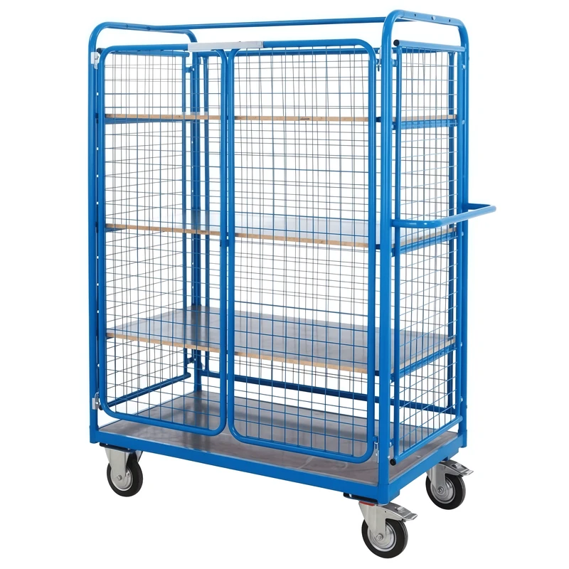 Medium Duty Steel Roll Cage Trolley 5 Layer 250kg Capacity 2 Doors Swivel Powder Coated 50x50mm Mesh 5 Inch Wheels No Brake