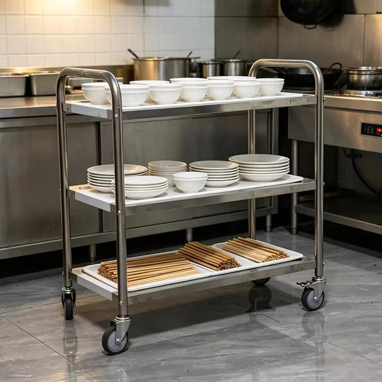 Medium Size Stainless Steel Metal Kitchen Cart Hotel Restaurant Food Service Catering Trolley