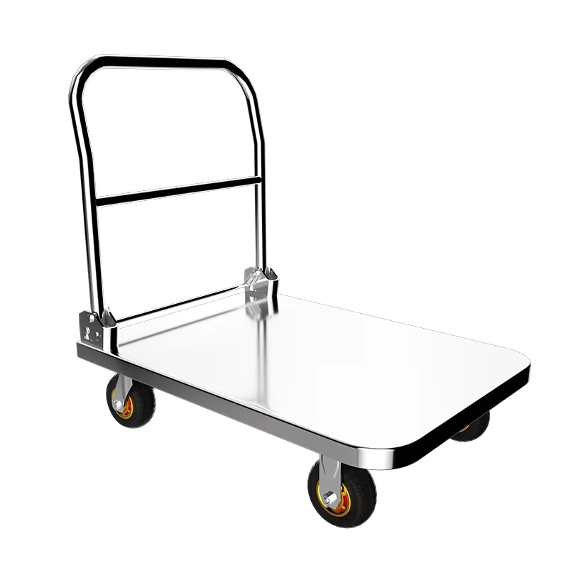 Medium Size Stainless Steel Platform Hand Trolley with Silent Wheels Foldable Handrail for Shopping Storage OEM Available