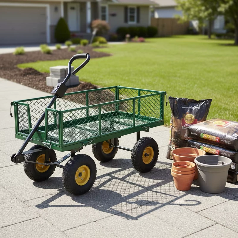 Mesh Stainless Steel Platform Garden Trolley Cart Folding Utility Wagon Removable Sides 10 Inch 3.50 4 Pneumatic Wheel Storage