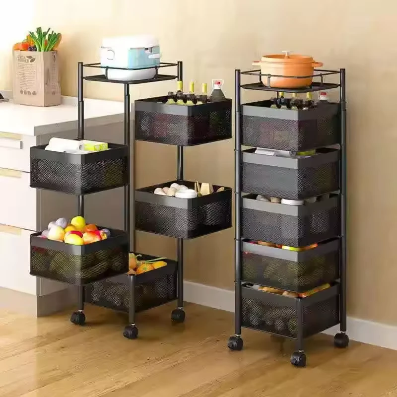 Metal 2/3/4/5 Layer Rotating Utility Trolley Cart Kitchen Storage Rack Organizer With Wheels