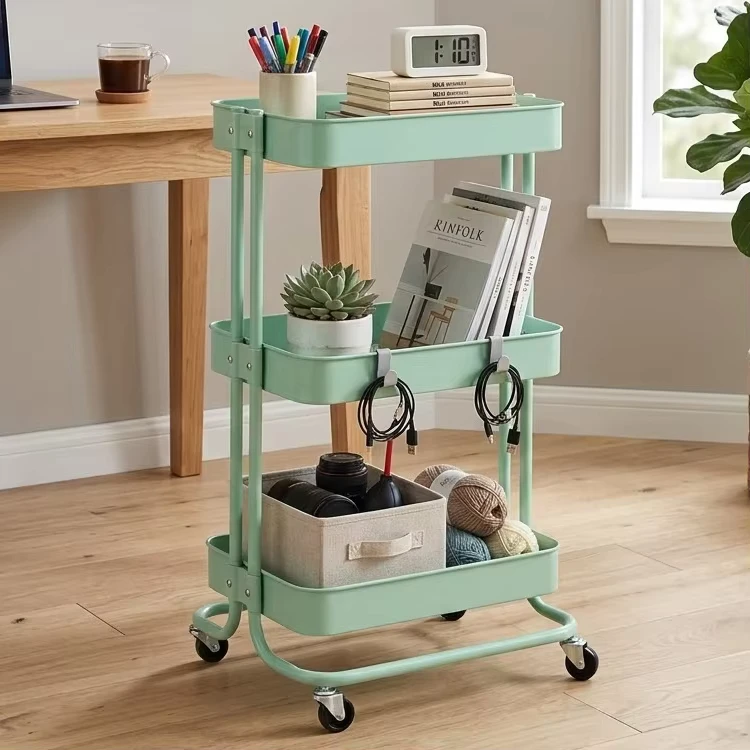 Metal 3 Tier Trolley Utility Organize Multifunctional Rectangle Rolling Home Trolley Storage Cart With Wheels 3 Levels Round