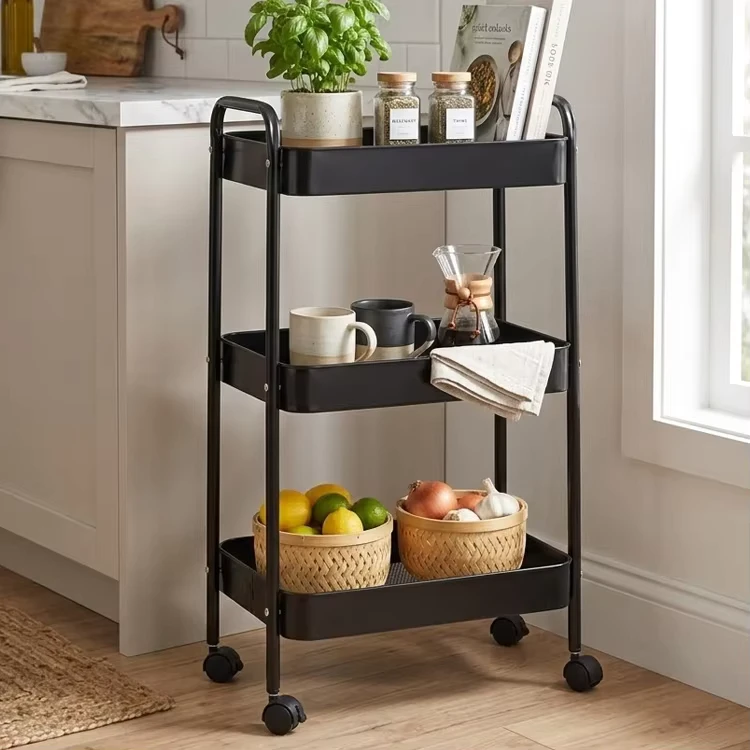 Metal 3 Tier Trolley Utility Organize Multifunctional Round Rolling Home Trolley Storage Cart with Wheels 3 Levels Round