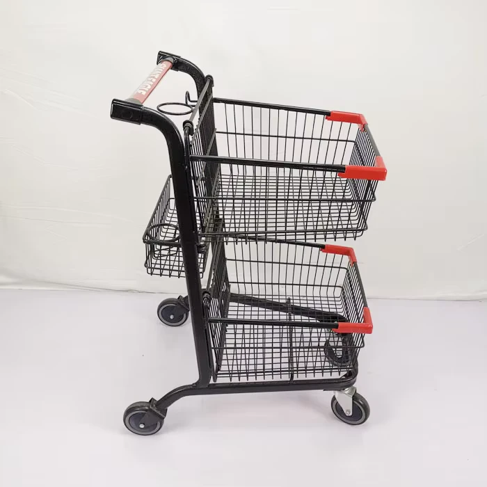 Metal Black Three Baskets 80L Double layer Supermarket Shopping Trolley with 4 Wheels