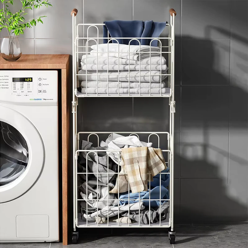 Metal Carbon Steel Dirty Clothes Storage Basket Foldable Double Tier Rectangular Bathroom Trolley with Wooden Handle