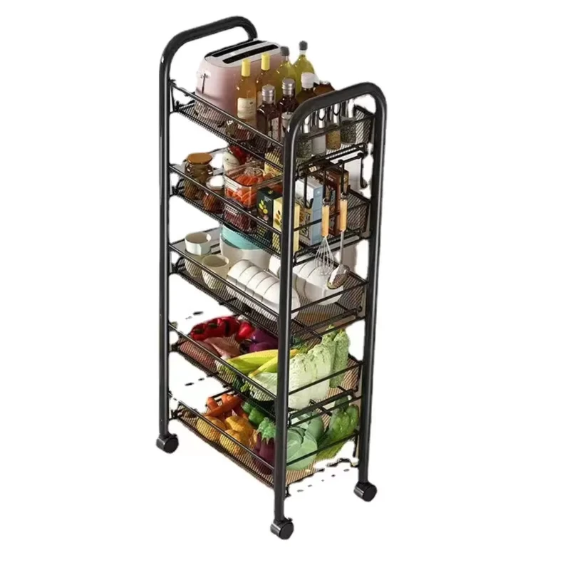Metal Double Folding Kitchen Storage Rack Modern Eco Friendly Floor Standing Trolley Multifunctional Design Microwave Oven Use