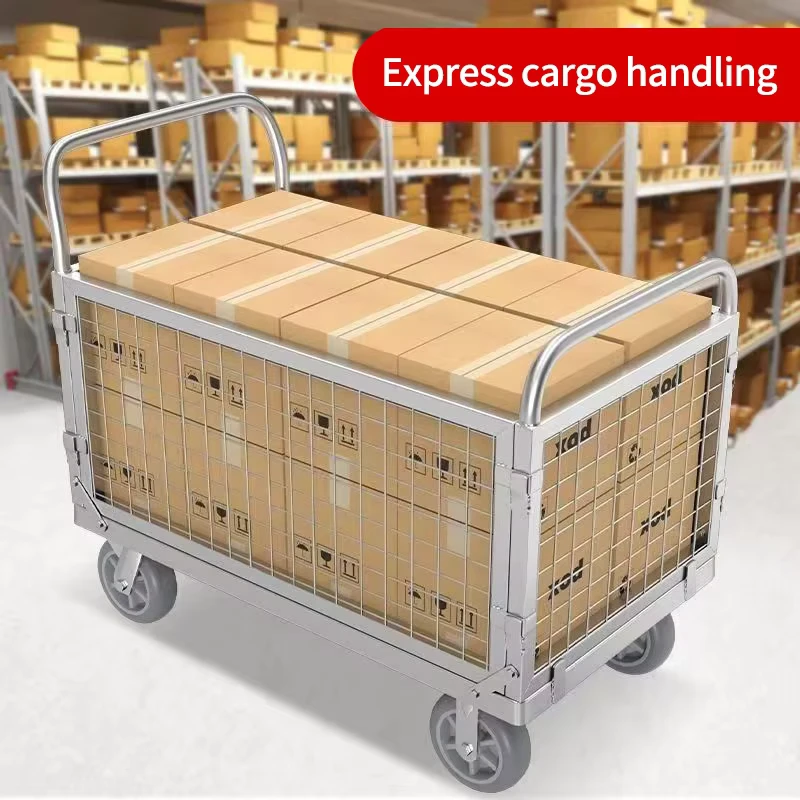 Metal Flat Fence Cart Trolley Warehouse Transport Cart Supermarket Stall Guardrail Trailer Hand Platform Truck Cart with Cage