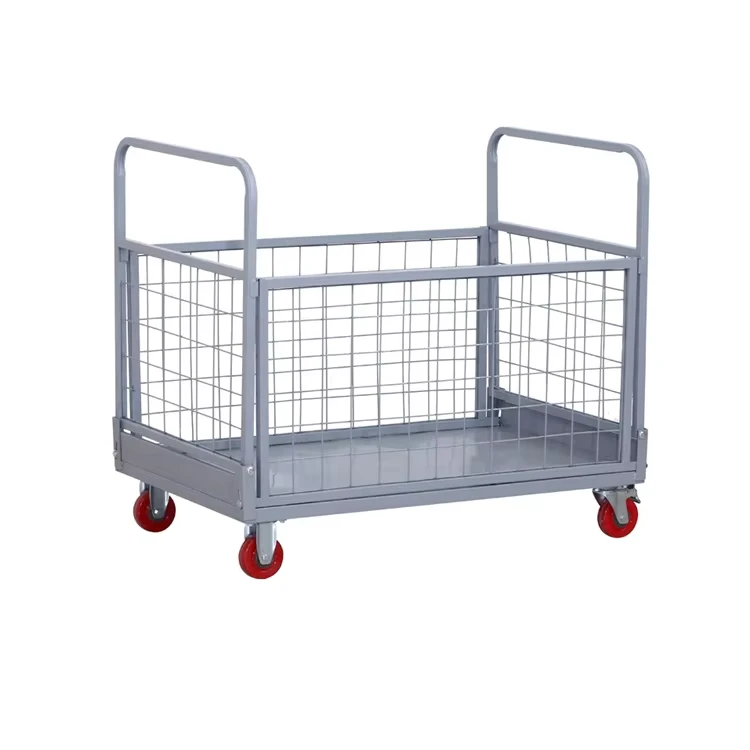 Metal Flat Fence Cart Trolley Warehouse Transport Cart Supermarket Stall Guardrail Trailer Hand Platform Truck Cart with Cage