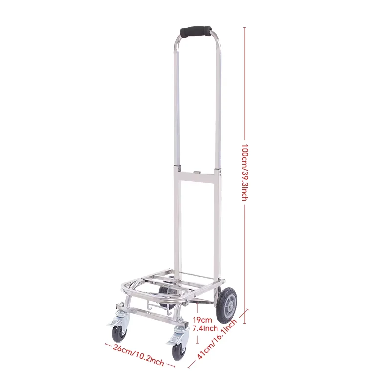 Metal Four Wheel Stainless Steel Hand Luggage Cart Portable Folding Shopping Cart Trolley