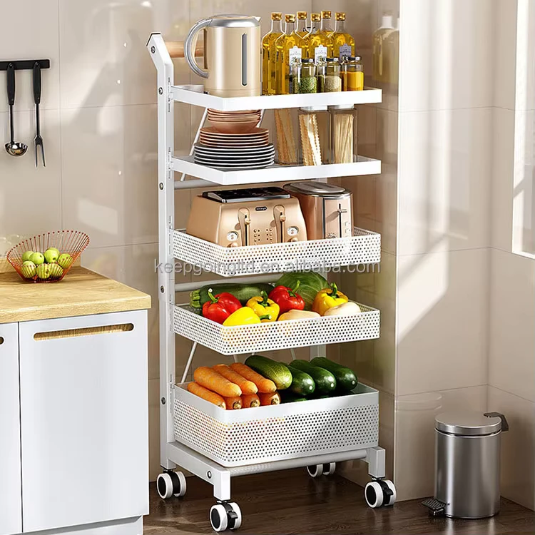 Metal Household Kitchen Cart With Basket Rolling Cart Organizer Kitchen Trolley
