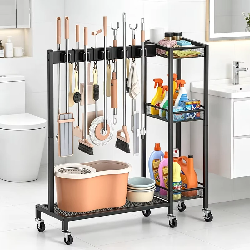 Metal Mop Broom Storage Cart Multi Hook Cleaning Tools Organizer Rack
