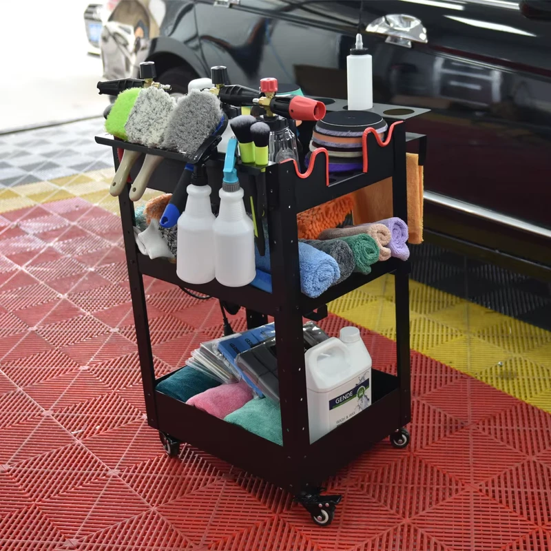 Metal Rolling Detailing Cart 3 Level Detailing Trolley Cart with Polisher Holder on Wheels