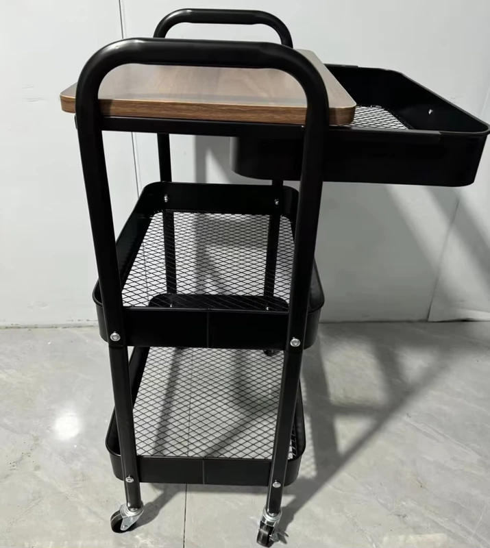 Metal Three Layer Foldable Waterproof Mobile Cart Salon Trolley with Wheels for Beauty Tools Portable Storage Rack