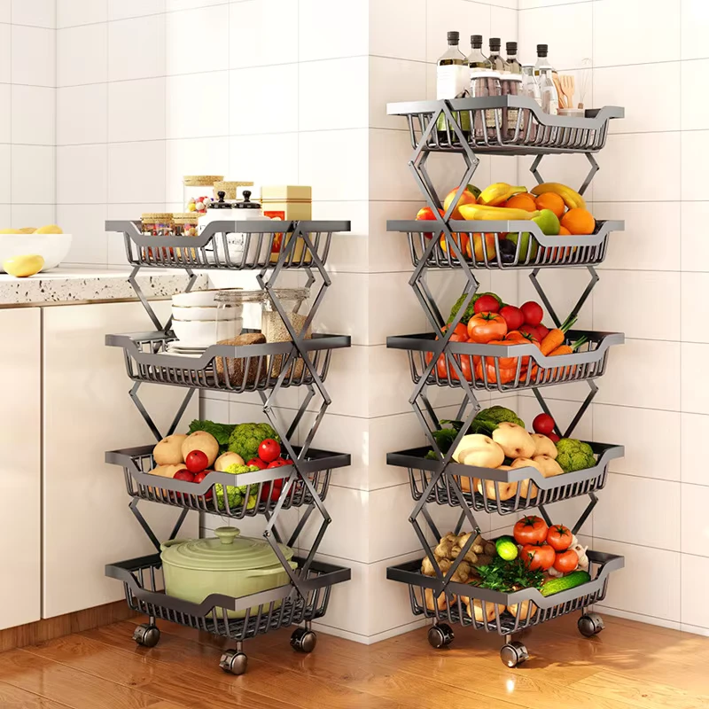 Metal Trolley Cart Five layer Rotating Foldable Vegetable Baskets Fruit Snack Organizer in Living Room Storage Rack in Bathroom