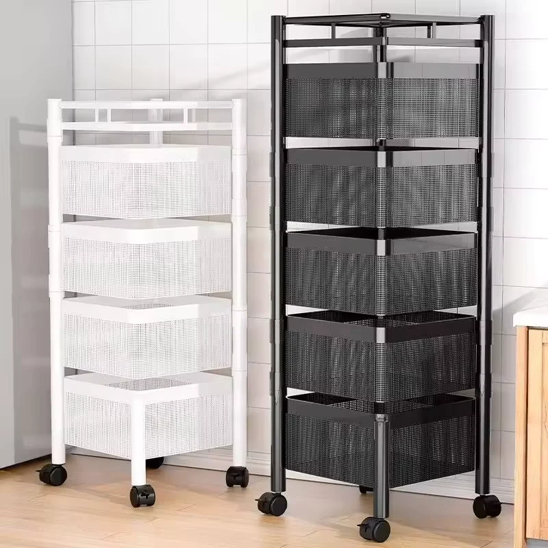 Metal Trolley Cart Multilayer Rotating Vegetable Baskets Movable Fruit Snack Organizer in Living Room Storage Rack in Bathroom