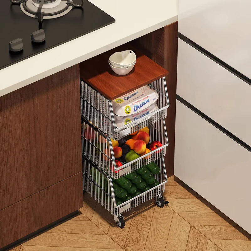 Metal Wire Kitchen Cabinet Shelf Layered Storage Rack with Movable Wheels Floor Standing Gap Storage Trolley