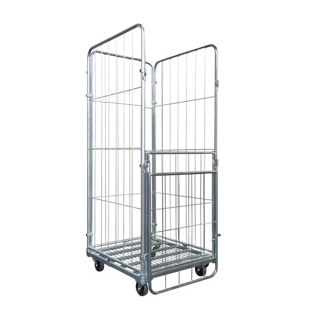 Midwell 4 Sidewall Warehouse Logistics Storage Folding Trolley Galvanized Steel Wire Mesh 350kg Load Capacity Lockable Roll Cage
