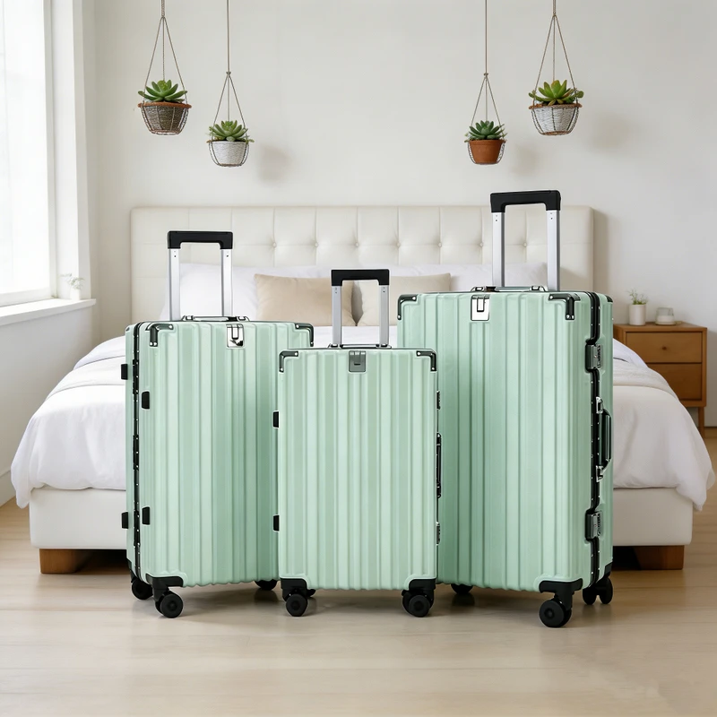 Mint Green Aluminum Frame Luggage Set 3 Piece Hard Shell PC Suitcase with Hook Travel Trolley Bags