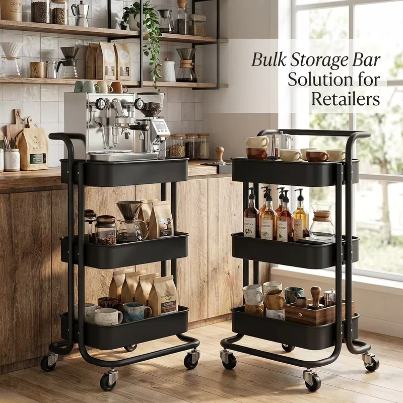 Mobile 3 Tier Metal Rolling Coffee Cart with Silent Wheels Heavy Duty Kitchen Utility Trolley for Office Home Cafe Small Spaces