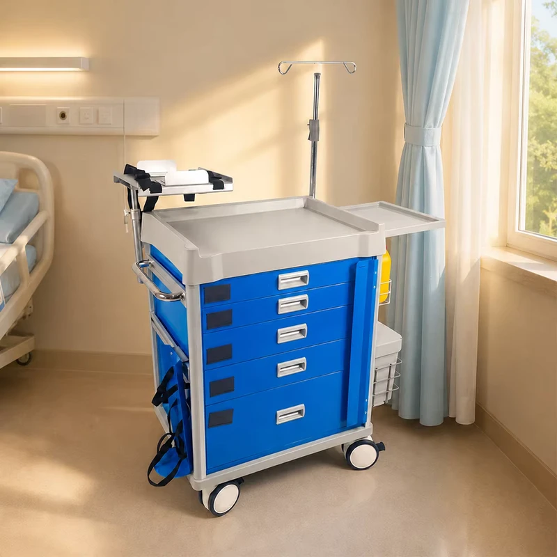Mobile ABS Emergency Crash Cart Medical Treatment Trolley With Storage Drawers for Hospital