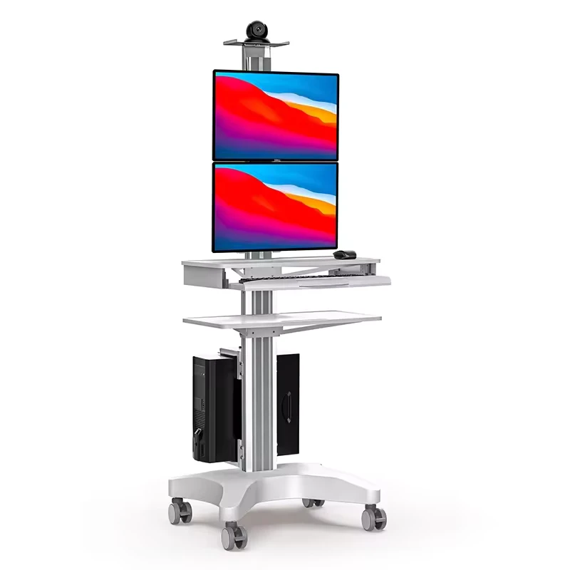 Mobile Adjustable Hospital Medical Trolley Cart with 2 Monitor Mounts Office School Laboratory Clinic Workstation (BEWISER H2V)