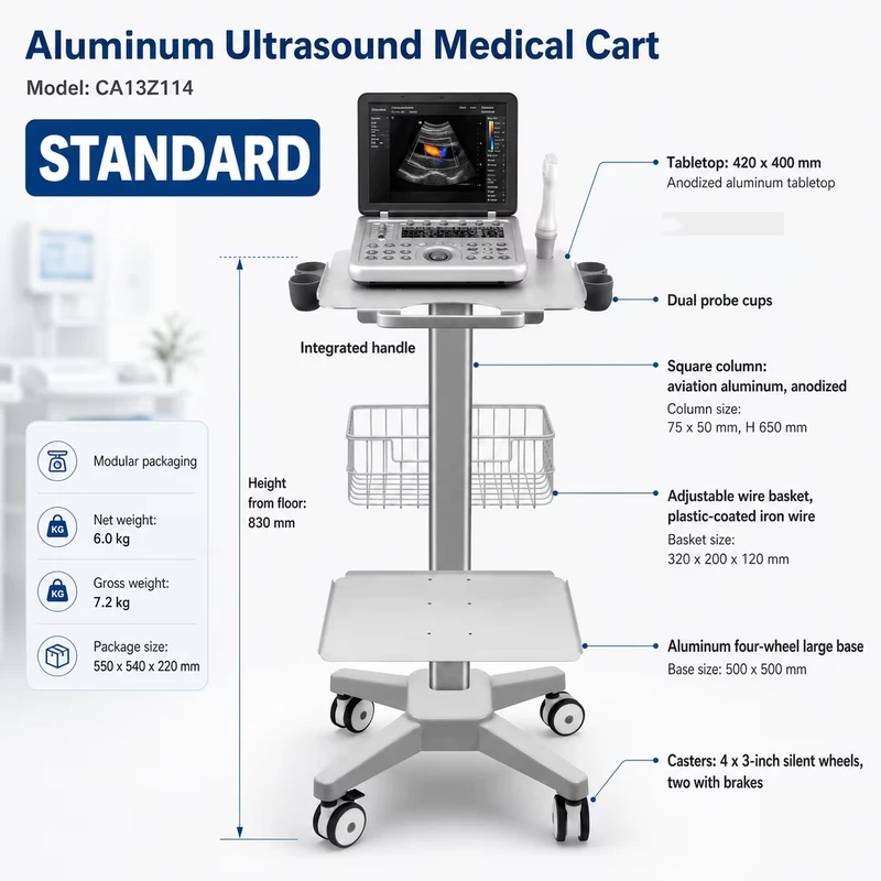 Mobile Aviation Aluminum Ultrasound Trolley CA13Z114 830mm Fixed Height Medical Cart with Double Shelf