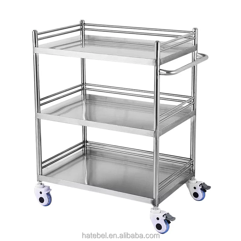 Mobile Dental Clinic Trolley with Guardrails Stainless Steel Surgical Instrument Cart 3 Shelf Hospital Medical Storage Trolley