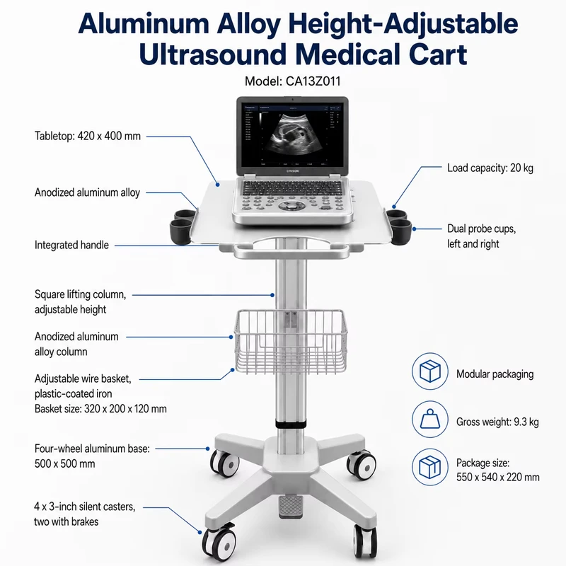 Mobile Diagnostic Ultrasound Cart Height Adjustable Laptop Medical Stand with Wire Basket