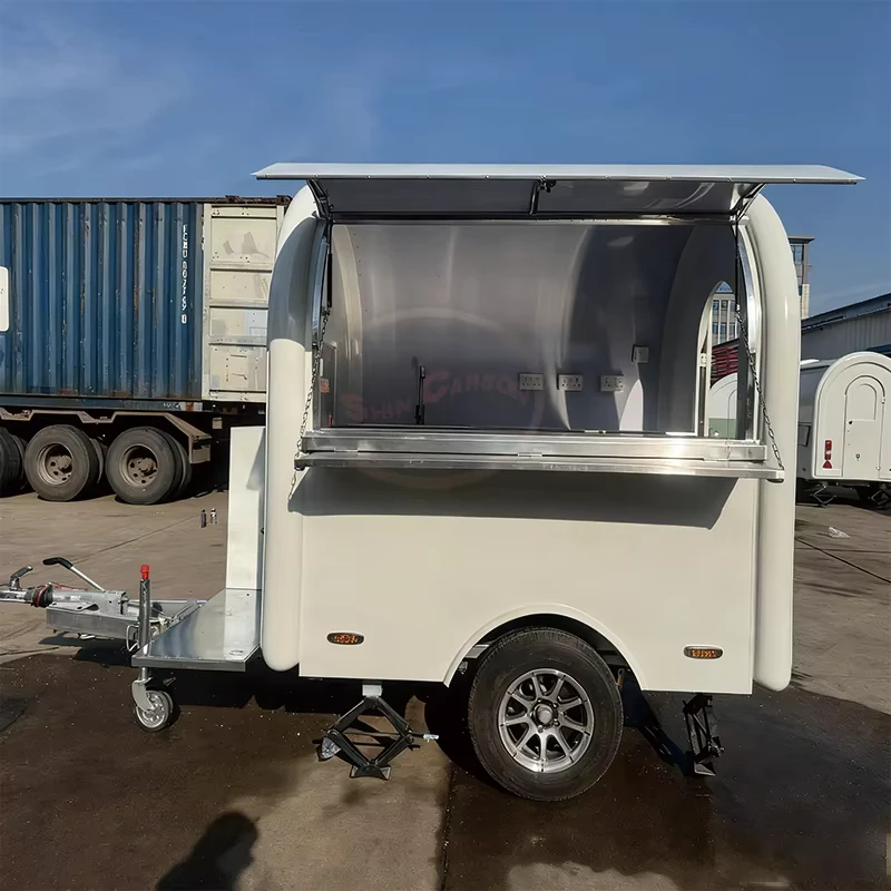 Mobile Food Cart Trailer Commercial Fast Food Vending Cart Fiberglass Stainless Steel Workstation Rust Resistant Foldable Canopy