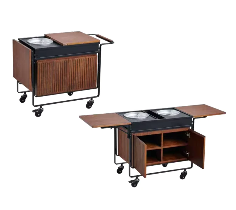Mobile Hotel Banquet Flambe Trolleys Cooking Service Carts With Gas Burner