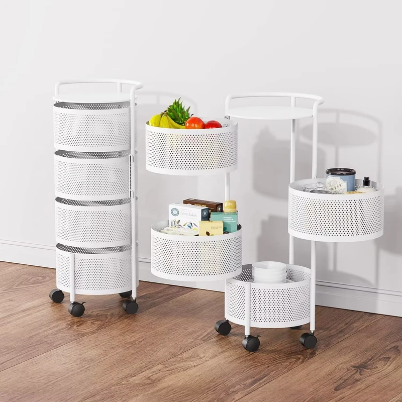 Mobile Kitchen Basket Storage Rack Vegetable Fruit Mesh Storage Rack Rotating Utility Storage Rolling Trolley Cart