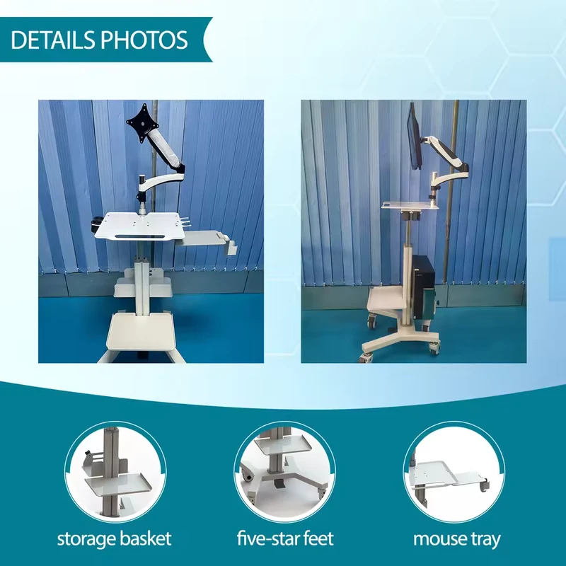 Mobile Medical Computer Cart All One Workstation Height Adjustable Tablet VESA Hospital Furniture Trolley Metal for Dental