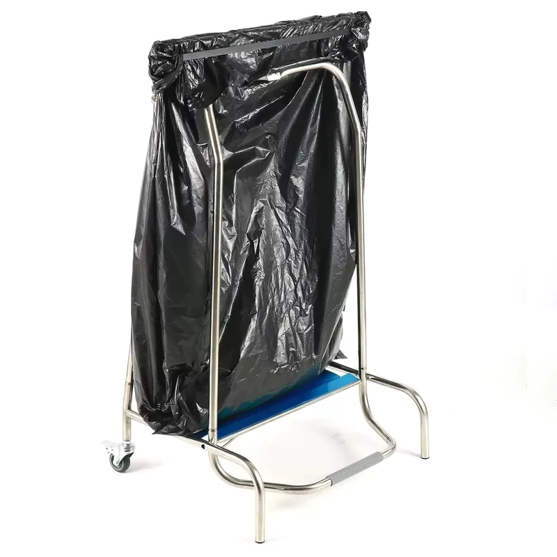 Mobile Stainless Steel Trash Can Rack Garbage Collection Trolley with Hanger Garbage Bag Cart for Cleaning