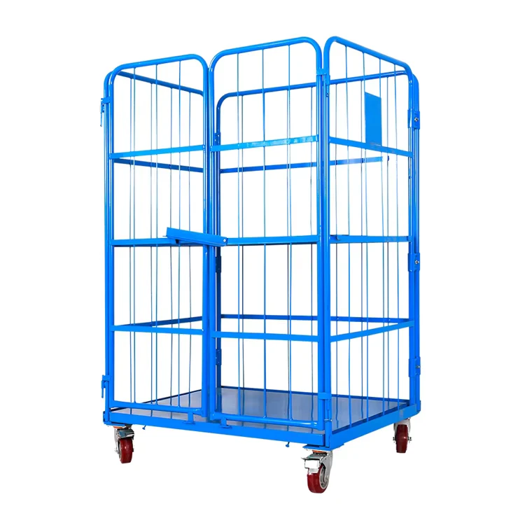 Mobile Transporting Foldable Galvanized Warehouse Steel 3 Mesh Sides Roll Cage Trolley
