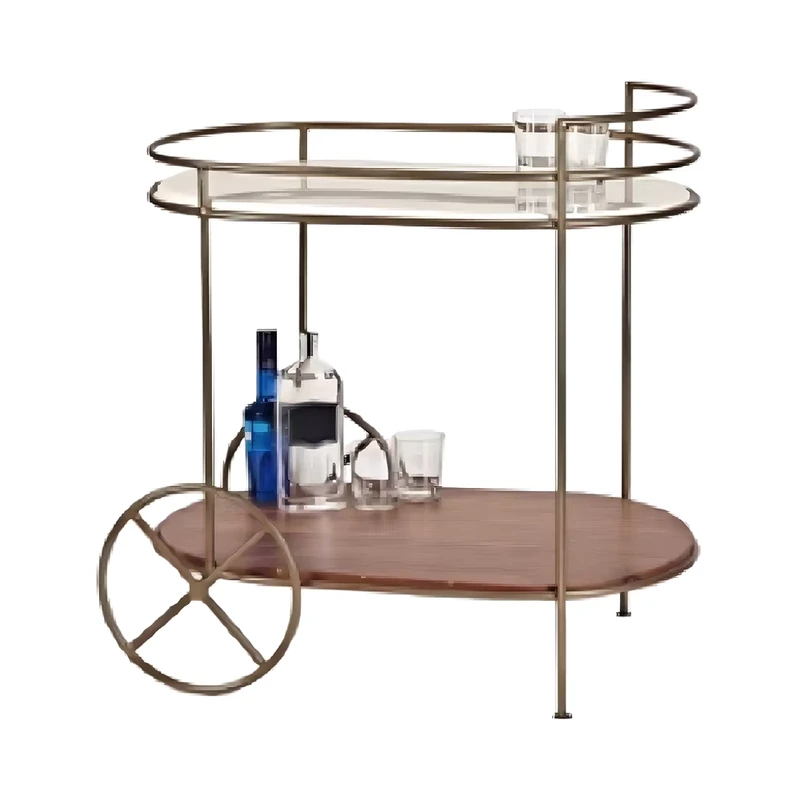 Modern 2 Layer Wooden Shelves with White Glass Top Pill Shape Trolley Cart Golden Metal Frame for Living Room Dining Kitchen Use