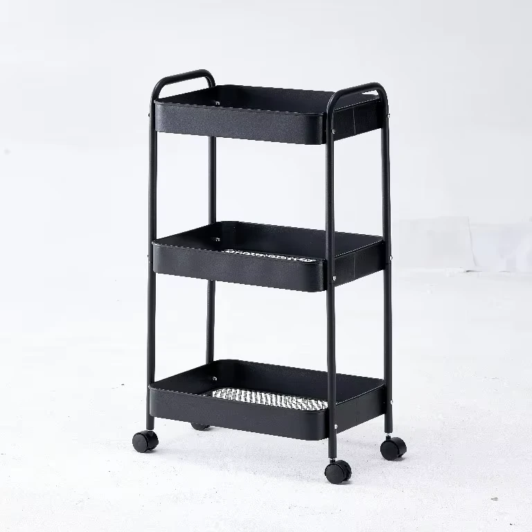 Modern 3 Tier Metal Trolley Cart with Storage Basket Multifunction Movable Rolling Rack for Home Use