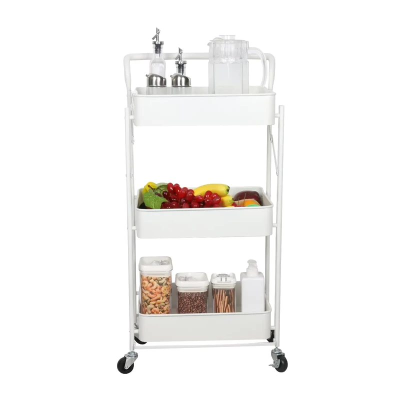 Modern 3 Tier Metal Utility Mesh Basket Cart Storage Racks Wheels Folding Design for Kitchen Living Room Kitchen Islands Carts