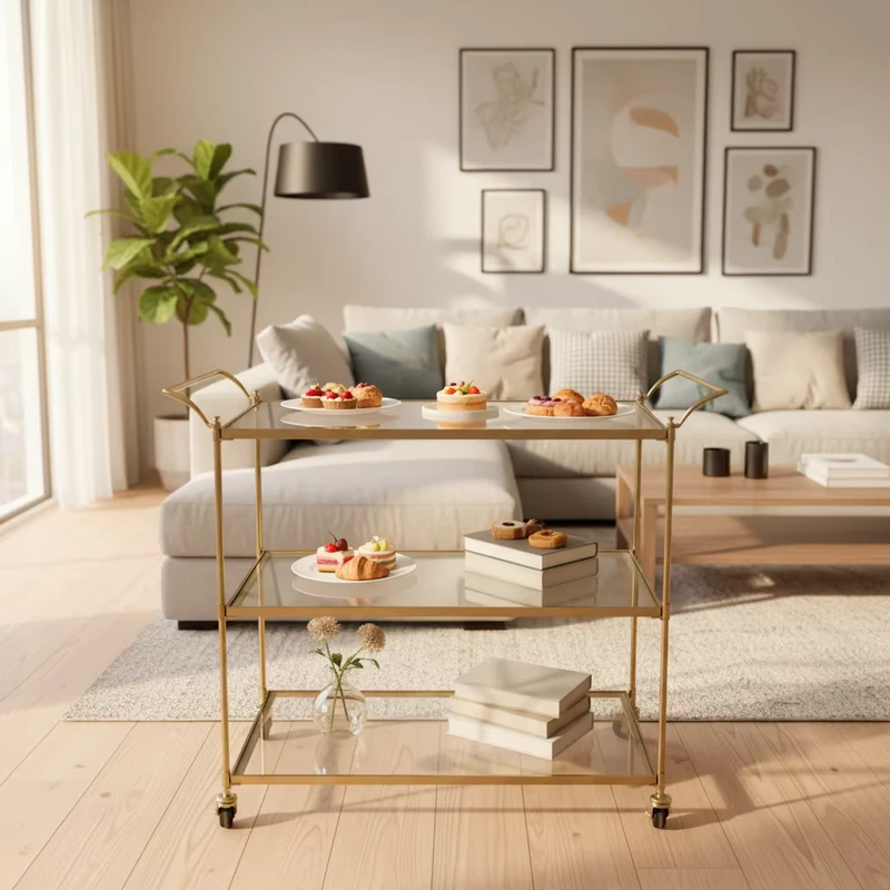 Modern 3 Tiers Gold Bar Cart Large Storage Iron Frame Tempered Glass Antique Hotel Serving Trolley With Wheels & Handle For Home