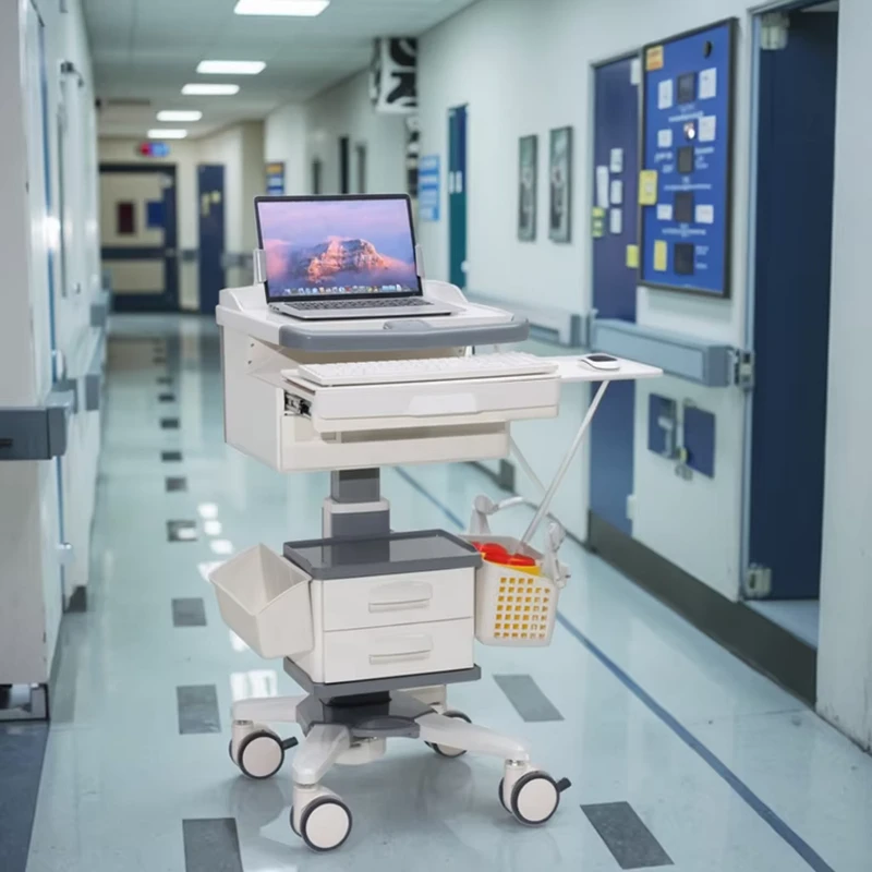 Modern ABS Height Adjustable Medical Computer Cart with Keyboard Tray Storage Drawers for Hospital Hotel Dining Nursing Stations