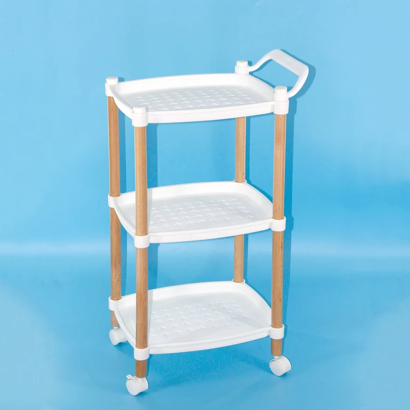Modern Adjustable Height Kitchen Storage Cart Rollaway Trolley with Slim Plastic Three Tiered Rack for Dinnerware Cleaning Tools