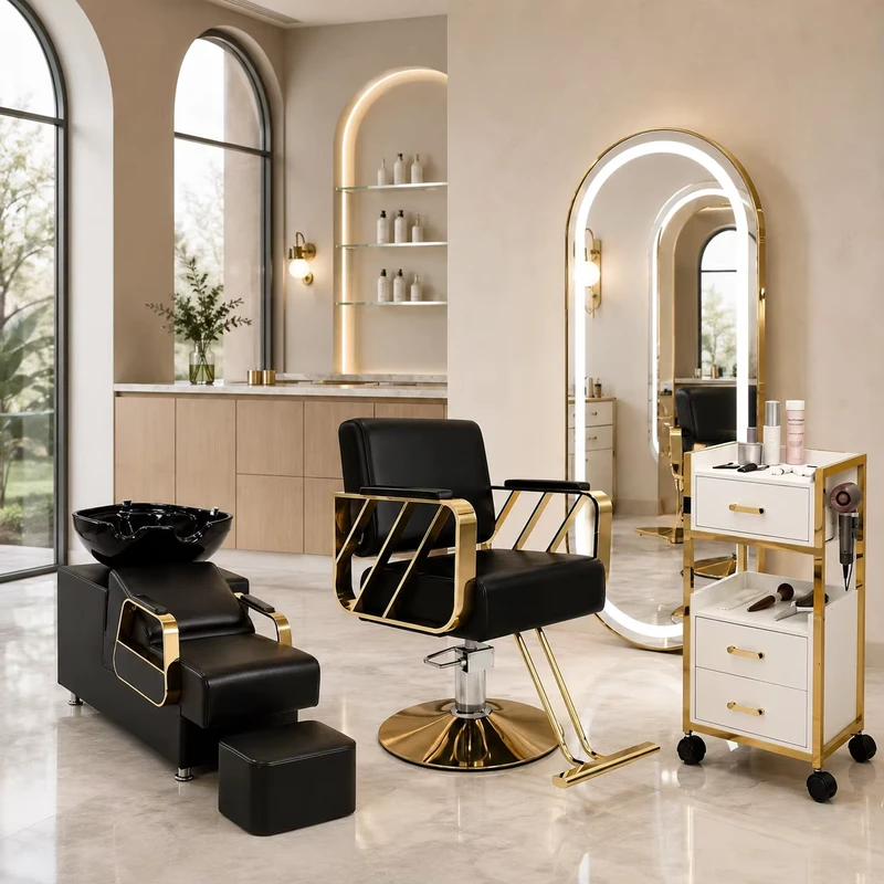 Modern Black Gold Salon Furniture Set with LED Mirror Barber Chair Shampoo Bed and Trolley Cart
