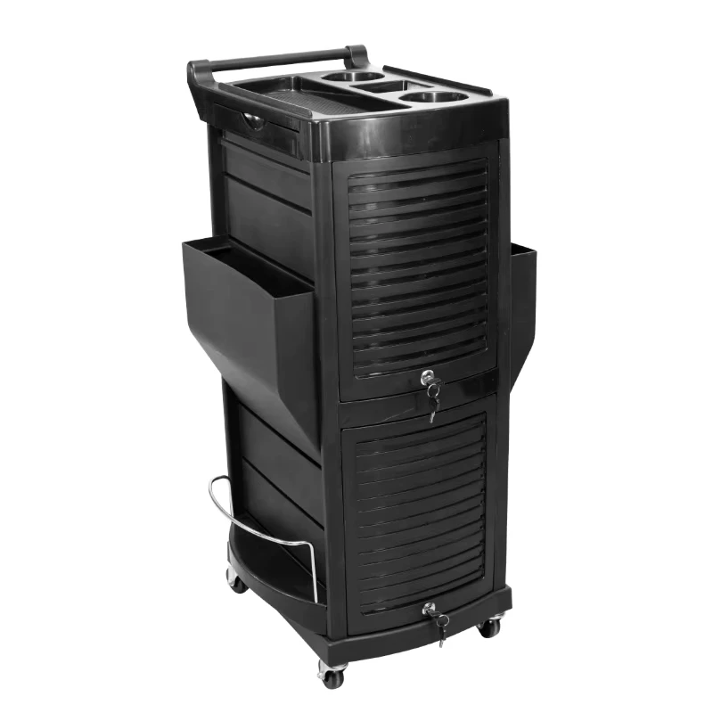 Modern Black Salon Trolley Cart with Locking Metal Wheels Plastic Multi Function Furniture for Hairdressing Barber Storage