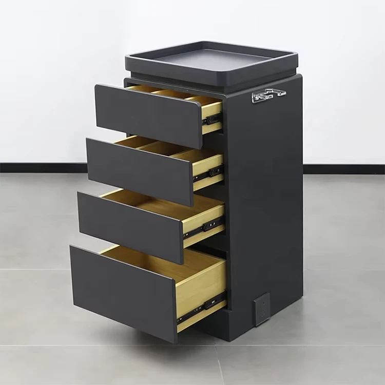 Modern Black Wooden Salon Tool Cart 4 Tier Beauty Hair Salon Trolley Cart with Drawers