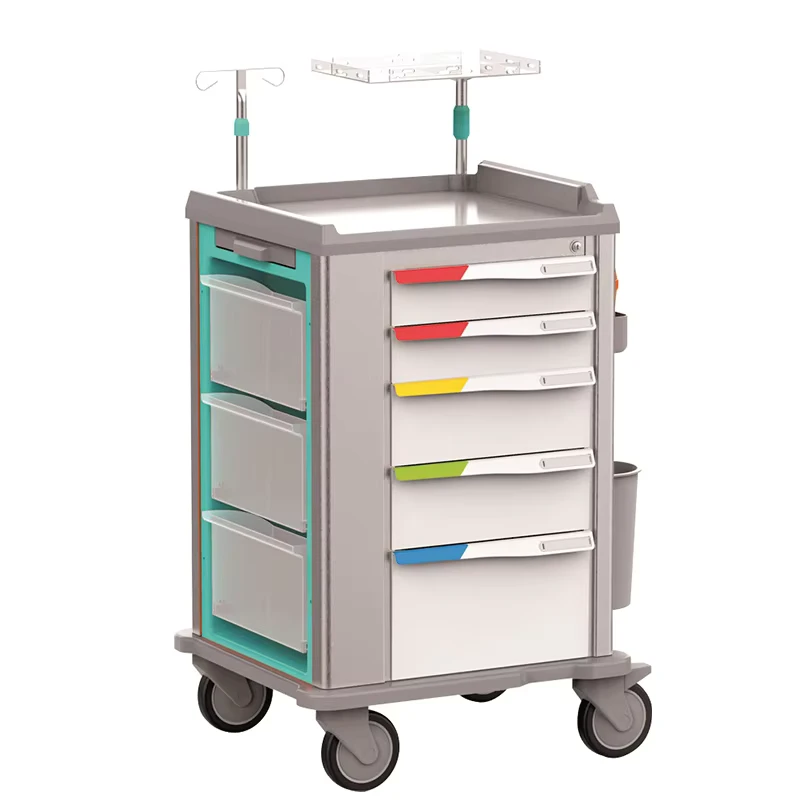 Modern Crash Cart with 5 Drawers Oxygen Cylinder Holder Aluminum Alloy Worktop for Hospital Emergency Care and Bedside Support