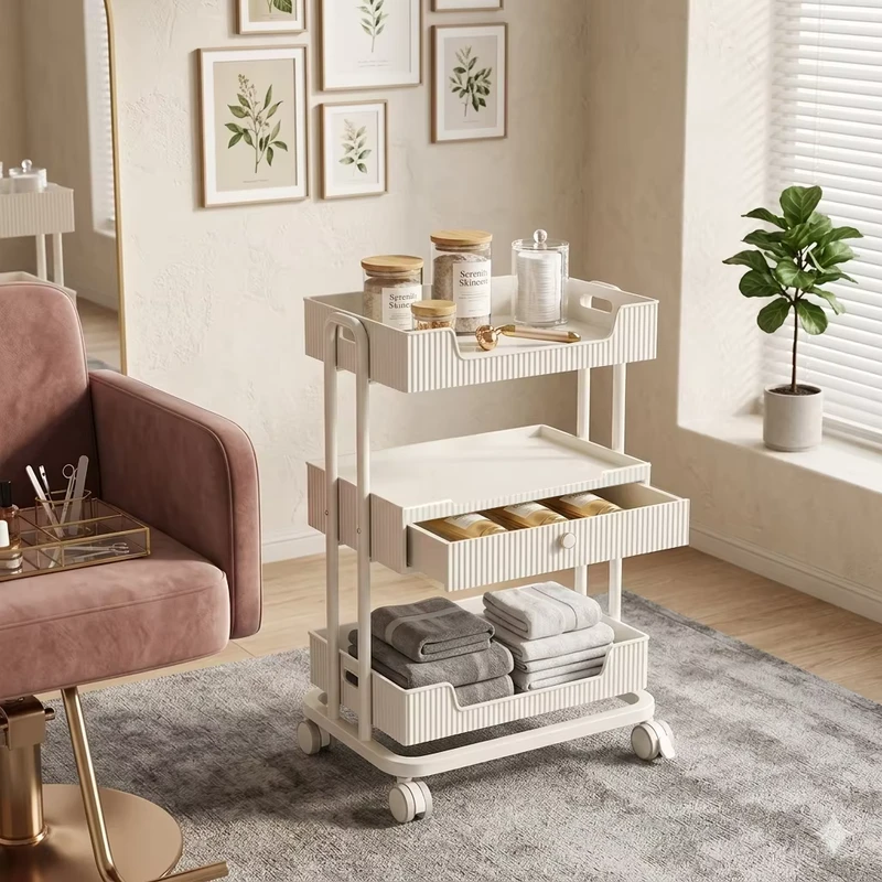 Modern Cream White 3 Tier Rolling Utility Cart with Drawer Mobile Storage Trolley for Salon Bedroom Living Room Spa Office