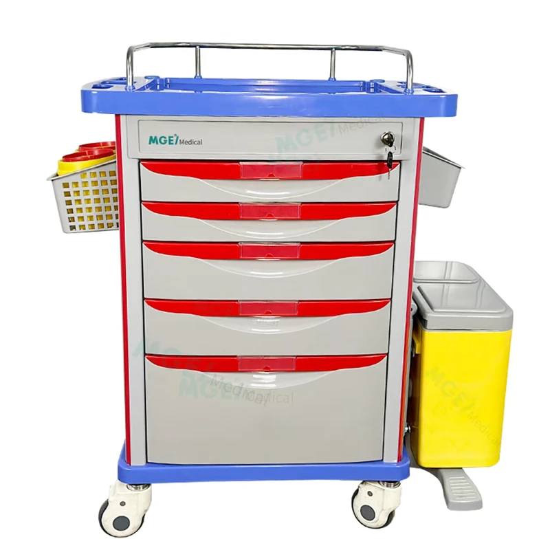 Modern Design ABS Plastic Medical Emergency Trolley Crash Cart with 5 Drawers and Central Lock for Hospital Use
